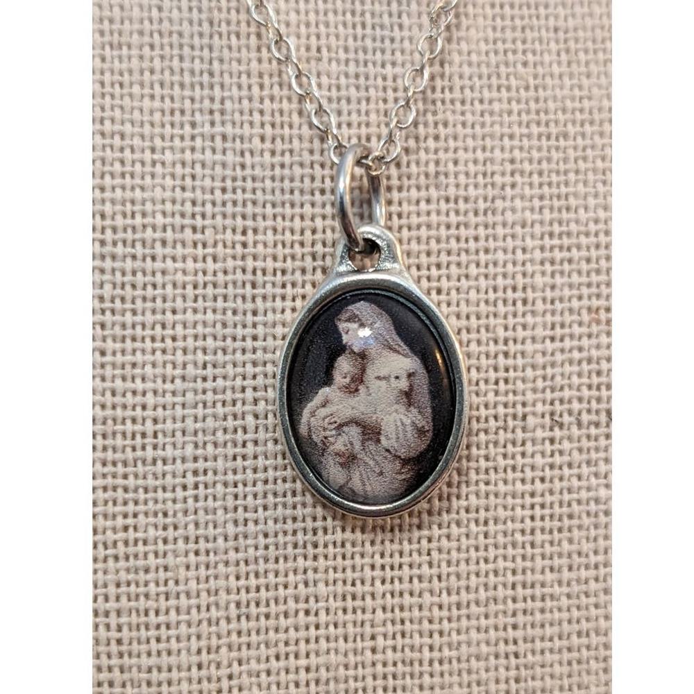 Mary, Baby Jesus, and Lamb Pendant on a 925 Sterling 17" Chain